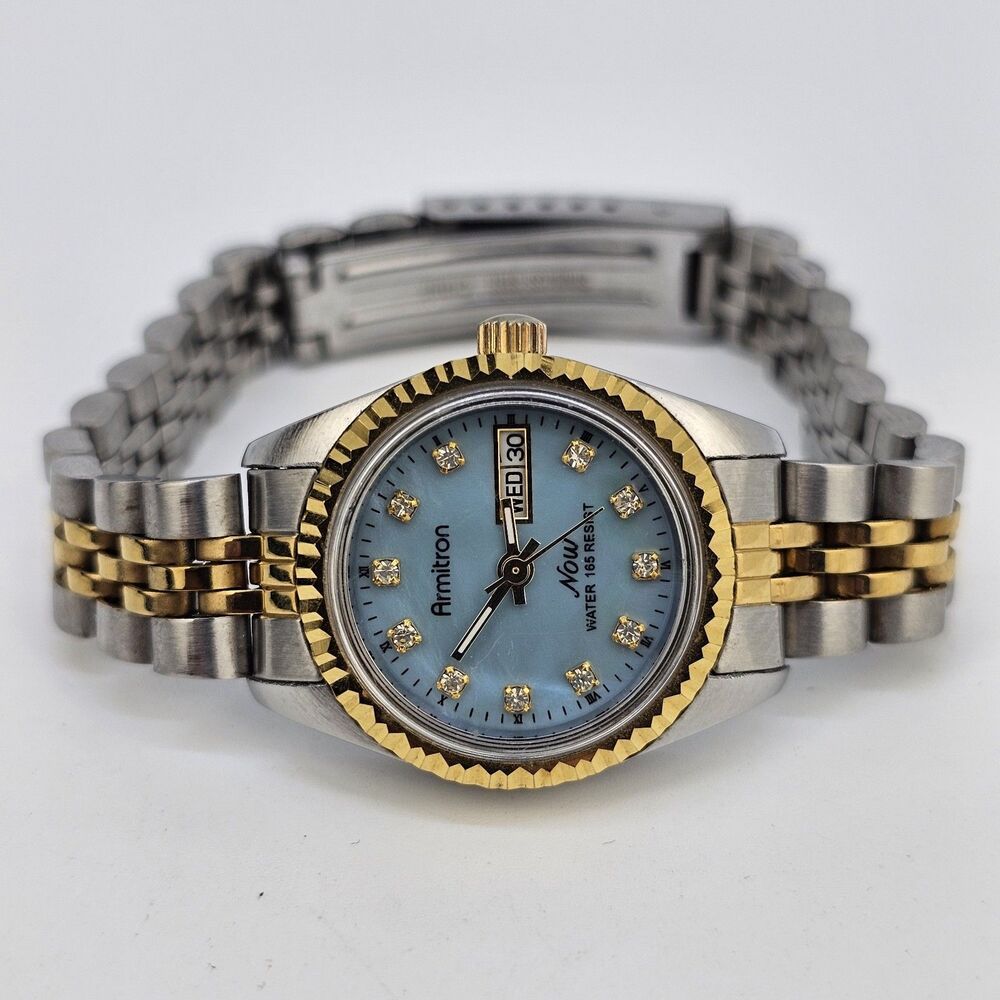 Armitron Women's Watch 24MM Blue Dial Day Date Two Tone Band 6.5" New Battery - Picture 5 of 12